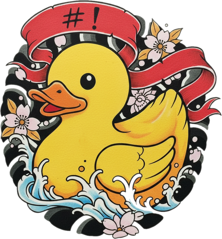 Stylized rubber duck mascot with red headband surrounded by cherry blossoms and water waves